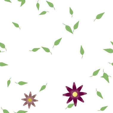 Serbest kompozisyonda yeşil yapraklı basit çiçekler, vektör illüstrasyonu