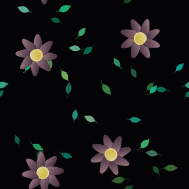 Serbest kompozisyonda yeşil yapraklı basit çiçekler, vektör illüstrasyonu