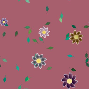 basit renkli çiçekleri olan serbest kompozisyon ve duvar kağıdı için yeşil yapraklar, vektör illüstrasyonu