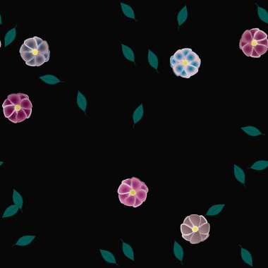 Serbest kompozisyonda yeşil yapraklı basit çiçekler, vektör illüstrasyonu