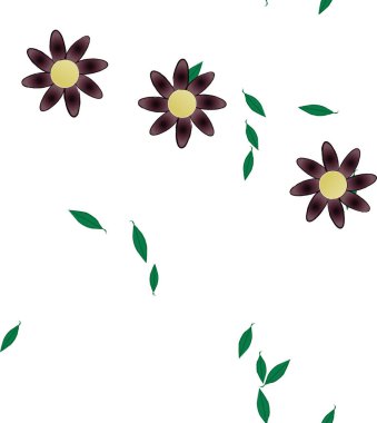 Serbest kompozisyonda yeşil yapraklı basit çiçekler, vektör illüstrasyonu