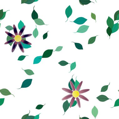 basit renkli çiçekleri olan serbest kompozisyon ve duvar kağıdı için yeşil yapraklar, vektör illüstrasyonu