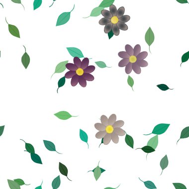 basit renkli çiçekleri olan serbest kompozisyon ve duvar kağıdı için yeşil yapraklar, vektör illüstrasyonu