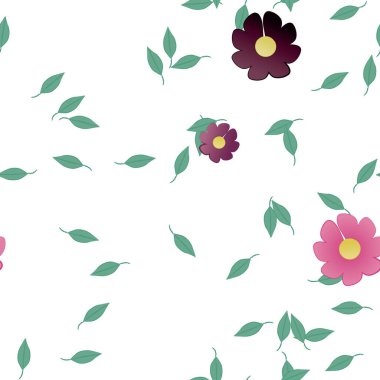 basit renkli çiçekleri olan serbest kompozisyon ve duvar kağıdı için yeşil yapraklar, vektör illüstrasyonu