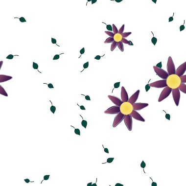 Basit renkli çiçekleri ve arka planda yeşil yaprakları olan güzel kompozisyon, vektör illüstrasyonu