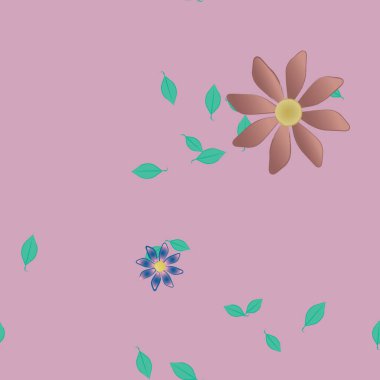 Basit renkli çiçekleri ve arka planda yeşil yaprakları olan güzel kompozisyon, vektör illüstrasyonu