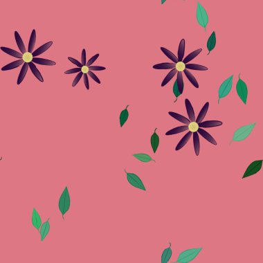 Basit renkli çiçekleri ve arka planda yeşil yaprakları olan güzel kompozisyon, vektör illüstrasyonu