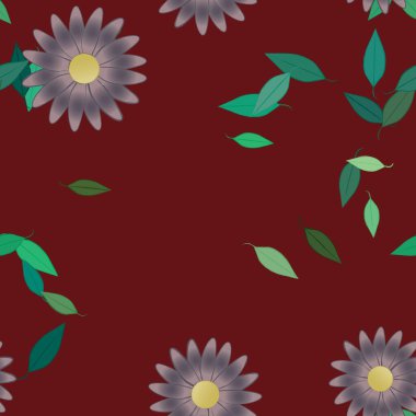 basit renkli çiçekleri olan serbest kompozisyon ve duvar kağıdı için yeşil yapraklar, vektör illüstrasyonu