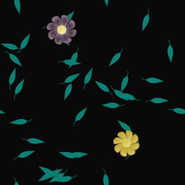 Basit renkli çiçekleri ve arka planda yeşil yaprakları olan güzel kompozisyon, vektör illüstrasyonu