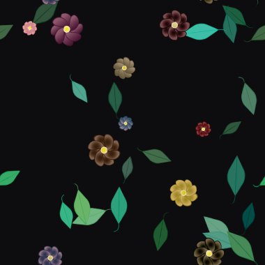 Basit çiçek ve yeşil yapraklı tasarım kompozisyonu, vektör illüstrasyonu