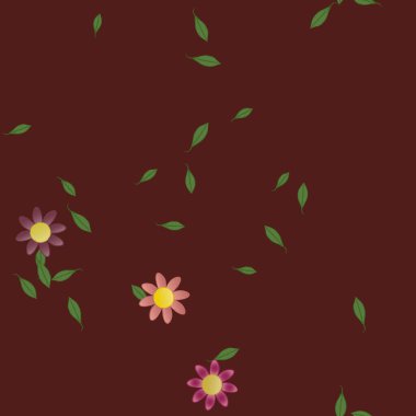 Basit renkli çiçekleri ve arka planda yeşil yaprakları olan güzel kompozisyon, vektör illüstrasyonu