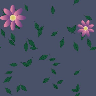 Serbest kompozisyonda yeşil yapraklı basit çiçekler, vektör illüstrasyonu