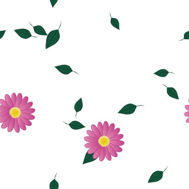 Basit renkli çiçekleri ve arka planda yeşil yaprakları olan güzel kompozisyon, vektör illüstrasyonu