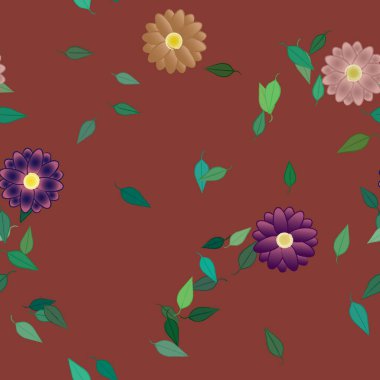 Basit renkli çiçekleri ve arka planda yeşil yaprakları olan güzel kompozisyon, vektör illüstrasyonu