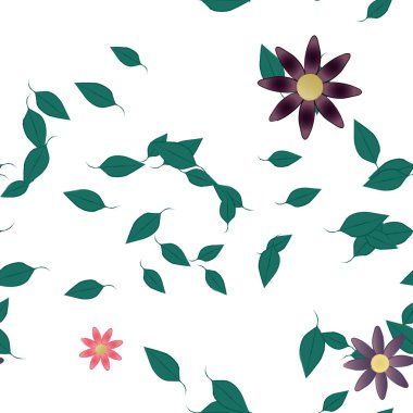 Serbest kompozisyonda yeşil yapraklı basit çiçekler, vektör illüstrasyonu