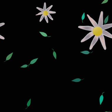 Serbest kompozisyonda yeşil yapraklı basit çiçekler, vektör illüstrasyonu