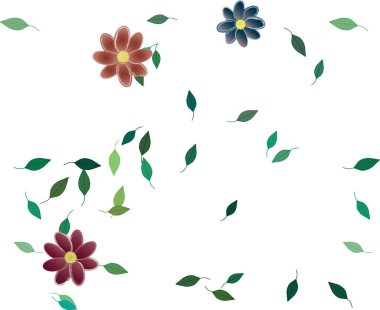 Serbest kompozisyonda yeşil yapraklı basit çiçekler, vektör illüstrasyonu