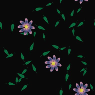 basit renkli çiçekleri olan serbest kompozisyon ve duvar kağıdı için yeşil yapraklar, vektör illüstrasyonu