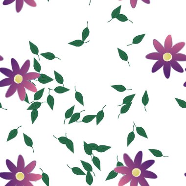 Serbest kompozisyonda yeşil yapraklı basit çiçekler, vektör illüstrasyonu