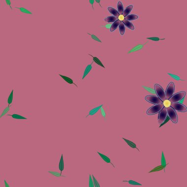 Serbest kompozisyonda yeşil yapraklı basit çiçekler, vektör illüstrasyonu