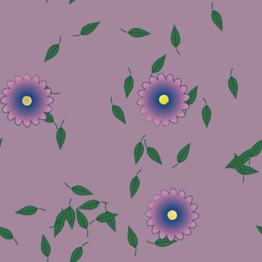 basit renkli çiçekleri olan serbest kompozisyon ve duvar kağıdı için yeşil yapraklar, vektör illüstrasyonu