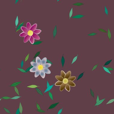 Serbest kompozisyonda yeşil yapraklı basit çiçekler, vektör illüstrasyonu