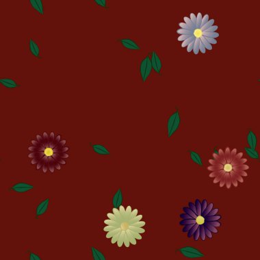 Serbest kompozisyonda yeşil yapraklı basit çiçekler, vektör illüstrasyonu