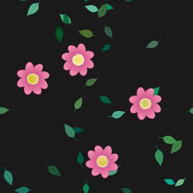 Serbest kompozisyonda yeşil yapraklı basit çiçekler, vektör illüstrasyonu