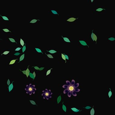 Serbest kompozisyonda yeşil yapraklı basit çiçekler, vektör illüstrasyonu