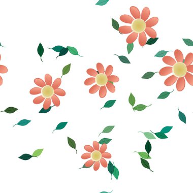 Serbest kompozisyonda yeşil yapraklı basit çiçekler, vektör illüstrasyonu