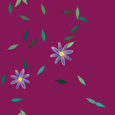 Serbest kompozisyonda yeşil yapraklı basit çiçekler, vektör illüstrasyonu