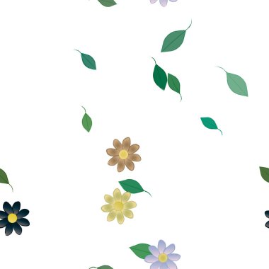 basit renkli çiçekleri olan serbest kompozisyon ve duvar kağıdı için yeşil yapraklar, vektör illüstrasyonu