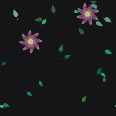 Serbest kompozisyonda yeşil yapraklı basit çiçekler, vektör illüstrasyonu