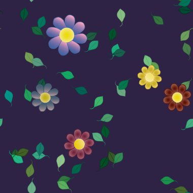 basit renkli çiçekleri olan serbest kompozisyon ve duvar kağıdı için yeşil yapraklar, vektör illüstrasyonu