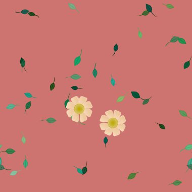 Basit renkli çiçekleri ve arka planda yeşil yaprakları olan güzel kompozisyon, vektör illüstrasyonu