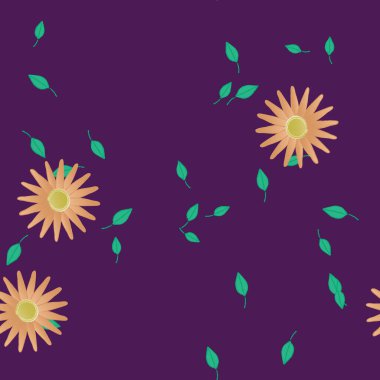 Basit renkli çiçekleri ve arka planda yeşil yaprakları olan güzel kompozisyon, vektör illüstrasyonu