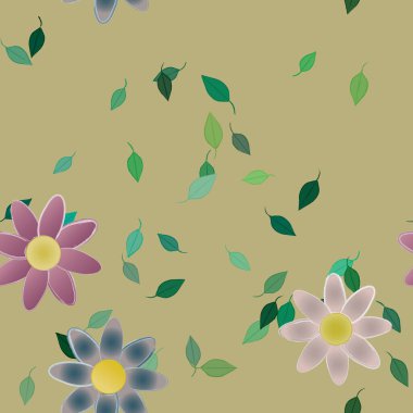 Basit renkli çiçekleri ve arka planda yeşil yaprakları olan güzel kompozisyon, vektör illüstrasyonu