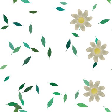 basit renkli çiçekleri olan serbest kompozisyon ve duvar kağıdı için yeşil yapraklar, vektör illüstrasyonu
