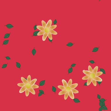 Serbest kompozisyonda yeşil yapraklı basit çiçekler, vektör illüstrasyonu