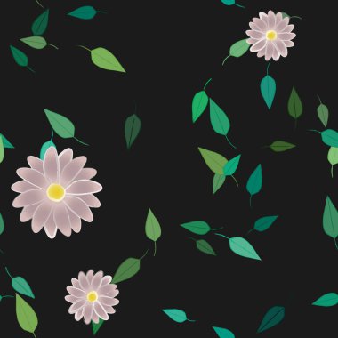 basit renkli çiçekleri olan serbest kompozisyon ve duvar kağıdı için yeşil yapraklar, vektör illüstrasyonu