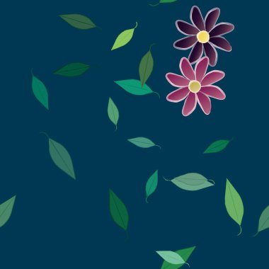 Serbest kompozisyonda yeşil yapraklı basit çiçekler, vektör illüstrasyonu