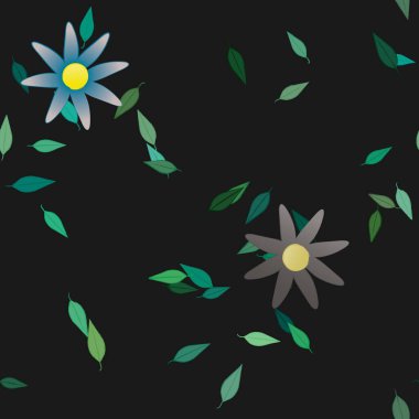 Basit renkli çiçekleri ve arka planda yeşil yaprakları olan güzel kompozisyon, vektör illüstrasyonu