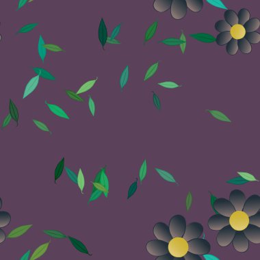 Serbest kompozisyonda yeşil yapraklı basit çiçekler, vektör illüstrasyonu