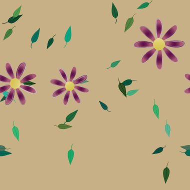 Serbest kompozisyonda yeşil yapraklı basit çiçekler, vektör illüstrasyonu