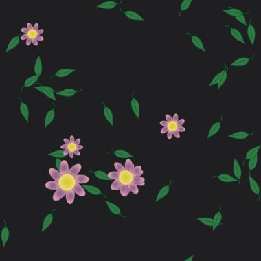 Basit renkli çiçekleri ve arka planda yeşil yaprakları olan güzel kompozisyon, vektör illüstrasyonu