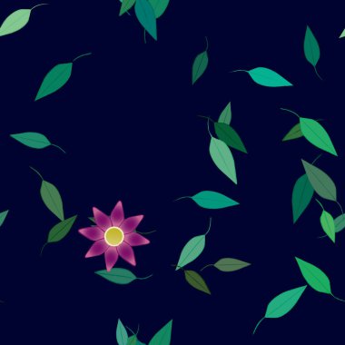 Basit renkli çiçekleri ve arka planda yeşil yaprakları olan güzel kompozisyon, vektör illüstrasyonu