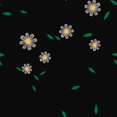 Basit renkli çiçekleri ve arka planda yeşil yaprakları olan güzel kompozisyon, vektör illüstrasyonu