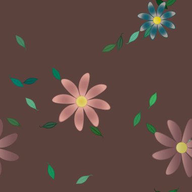 basit renkli çiçekleri olan serbest kompozisyon ve duvar kağıdı için yeşil yapraklar, vektör illüstrasyonu