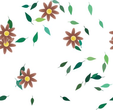 Basit renkli çiçekleri ve arka planda yeşil yaprakları olan güzel kompozisyon, vektör illüstrasyonu