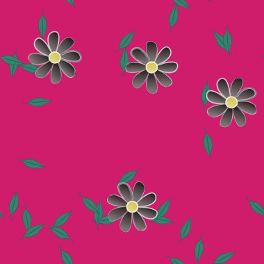 basit renkli çiçekleri olan serbest kompozisyon ve duvar kağıdı için yeşil yapraklar, vektör illüstrasyonu